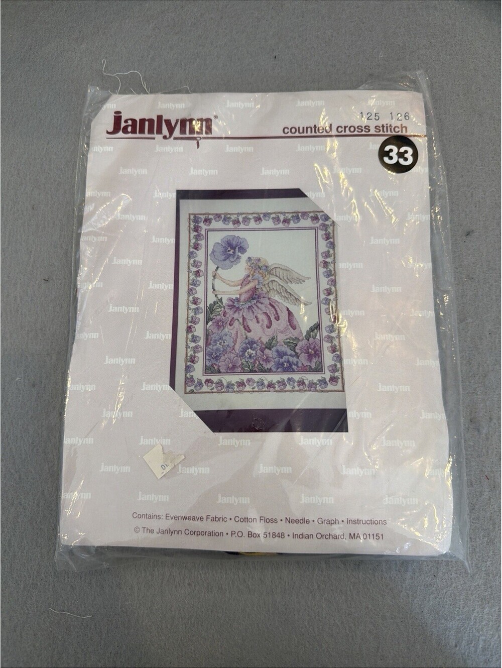 Vtg Rare Janlynn Counted Cross Stitch Kit  Purple Pansy Angel New